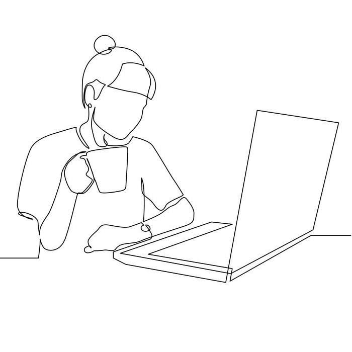 Continuous one line woman with a drink in a mug in front of a laptop. Vector stock illustration.
