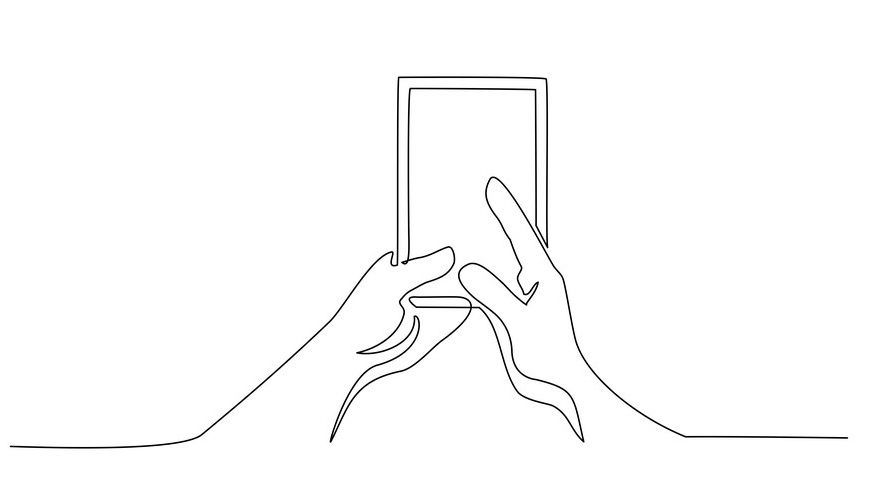 Continuous one line drawing. Hands holding phone. Abstract smartphone silhouette. Vector illustration black on white.
